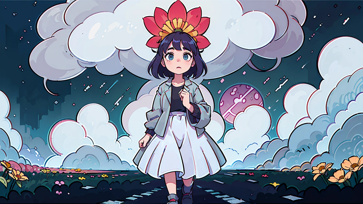 A vibrant flower blooms on the dirty ground of a large gray avenue. A crowd of gray, soulless people crosses the streets. A colorful , glowing with bright hues, stands protectively over the flower, protecting it with her little hands and determined eyes. Sunlight breaks through the dark clouds. Studio Ghibli style