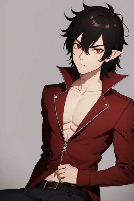 Marshall Lee Handsome 18 year old vampire boy with black hair, light brown skin, pointy ears, red eyes, red shirt, open black jacket, black belt, black jeans, looking directly at the viewer with a white background.