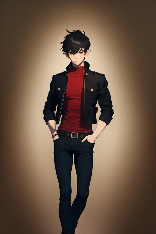 Marshall Lee Handsome 18 year old vampire boy with black hair, light brown skin, pointy ears, red eyes, red shirt, open black jacket, black belt, black jeans, looking directly at the viewer with a white background.