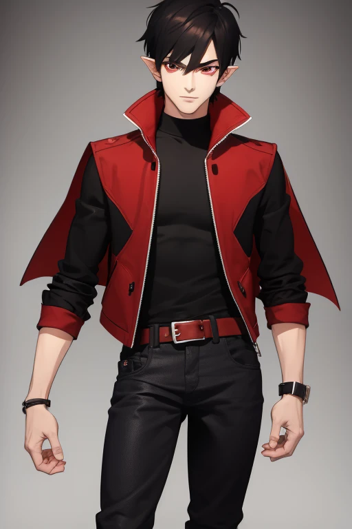 Marshall Lee Handsome 18 year old vampire boy with black hair, light brown skin, pointy ears, red eyes, red shirt, open black jacket, black belt, black jeans, looking directly at the viewer with a white background.