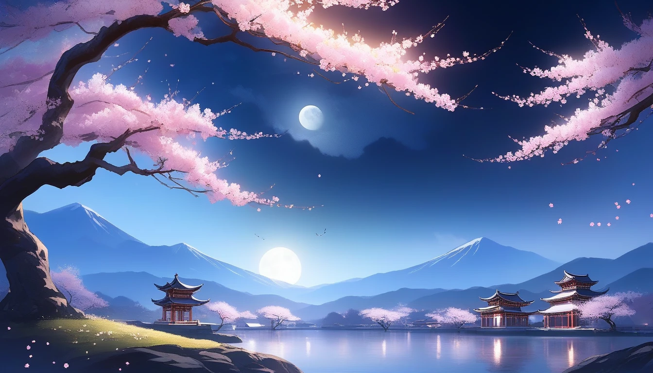 (masterpiece, best quality:1.2), Dancing Cherry Blossoms,Full moon backlighting, light coming in, fantastic atmosphere.