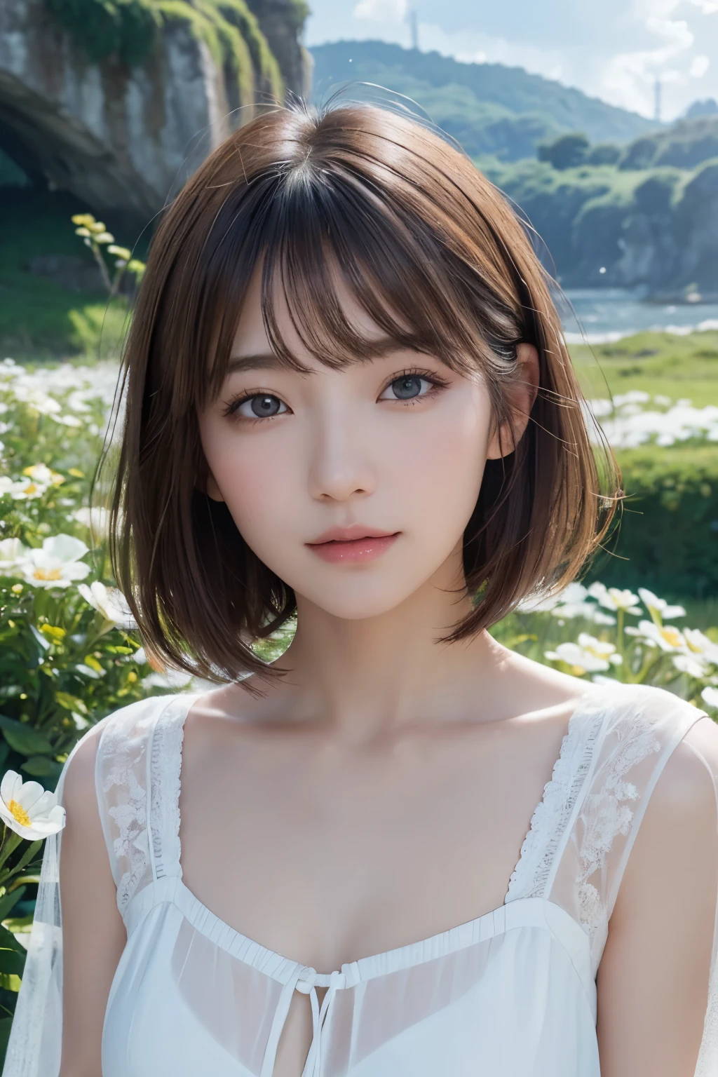 Ultra-high resolution、(Real:1.4)、One beautiful woman、Beautifully detailed eyes and skin、Light brown short hair、A tiny smile、Small Bust、shirt、White flowers in the meadow々、Remains of ancient stone structures、wood々Beyond the sea、Cloudy、Soft sunlight at dusk、
