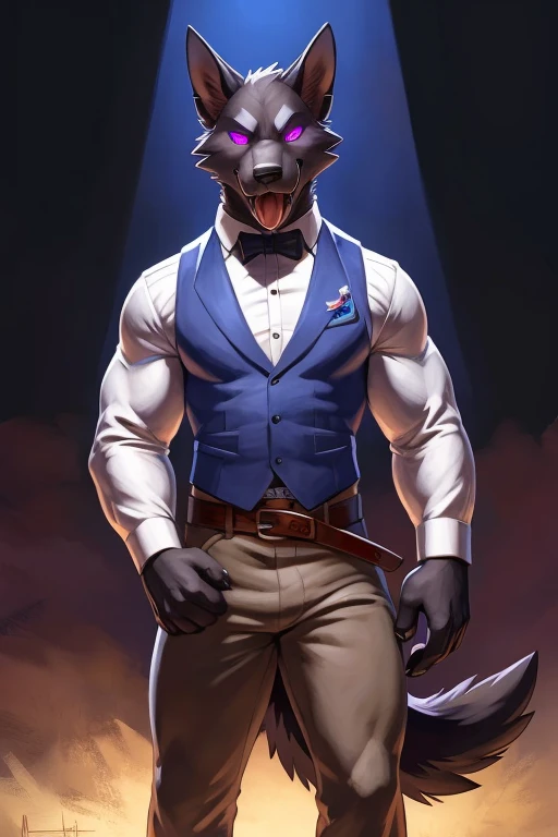 solo:1 vortex:0.8 \(helluva boss\), hellhound, skinny:1, masculine:1.2, black body, grey fur, red sclera, white eyes, male, (correct anatomy):1, solo, bare paws, hypnotized with completely spyral glowing purple eyes with no irises or pupils, tongue out, blue:1 vest, black collar, collared (white shirt):1.4 long sleeves, tribal clothes, belt, by takemoto arashi, by meesh, by Taran Fiddler)