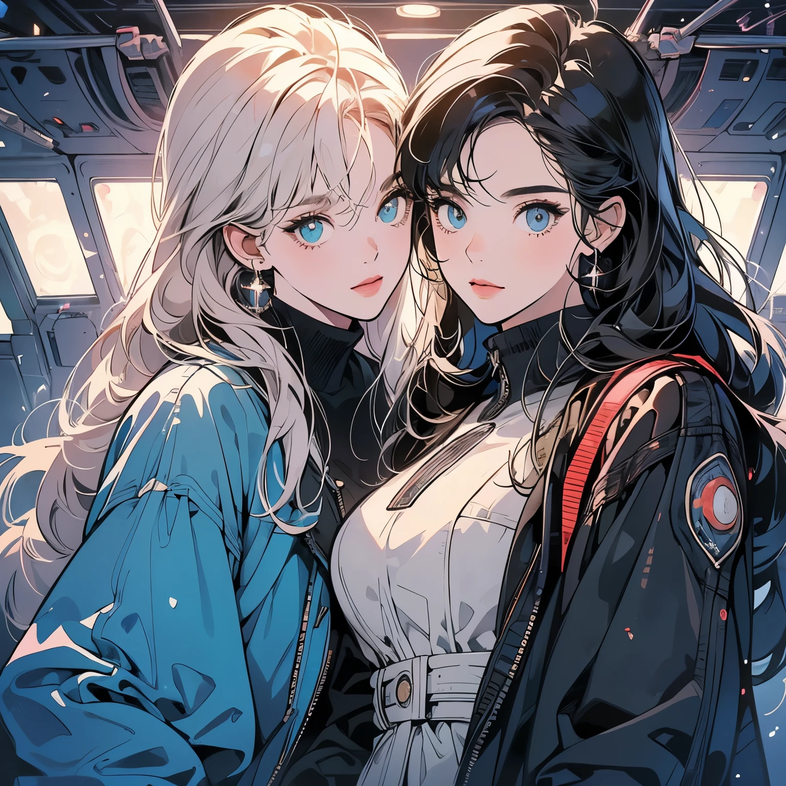 One beautiful ((("Two women" leaning against each other))), inside a spaceship, perfect machine, spacesuit, looking at camera, perfect face, zero gravity, outer space, lots of wires, switchboard, perfect and detailed machine, robot, detailed hair, (((Various angles))), cockpit, most beautiful woman alive, head shot , Super detailed background, top quality, Unique and beautiful eyes, Various unique hairstyles, Ghost in the Shell, Long shot, Panorama, (((Various eye color))), Outer space in the background, Unique and perfect face, Pale Lighting, shoot from above, (((ground level shot))), (((stylish))), (((Various eye colors))), (((frontal face))),(((front view)))