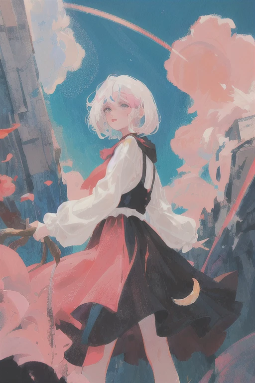 A girl dressed as a witch, with white hair with brown and black ends, red cheeks, a pink lip, and the color of her eyes is sky blue. Behind her is a view of space.