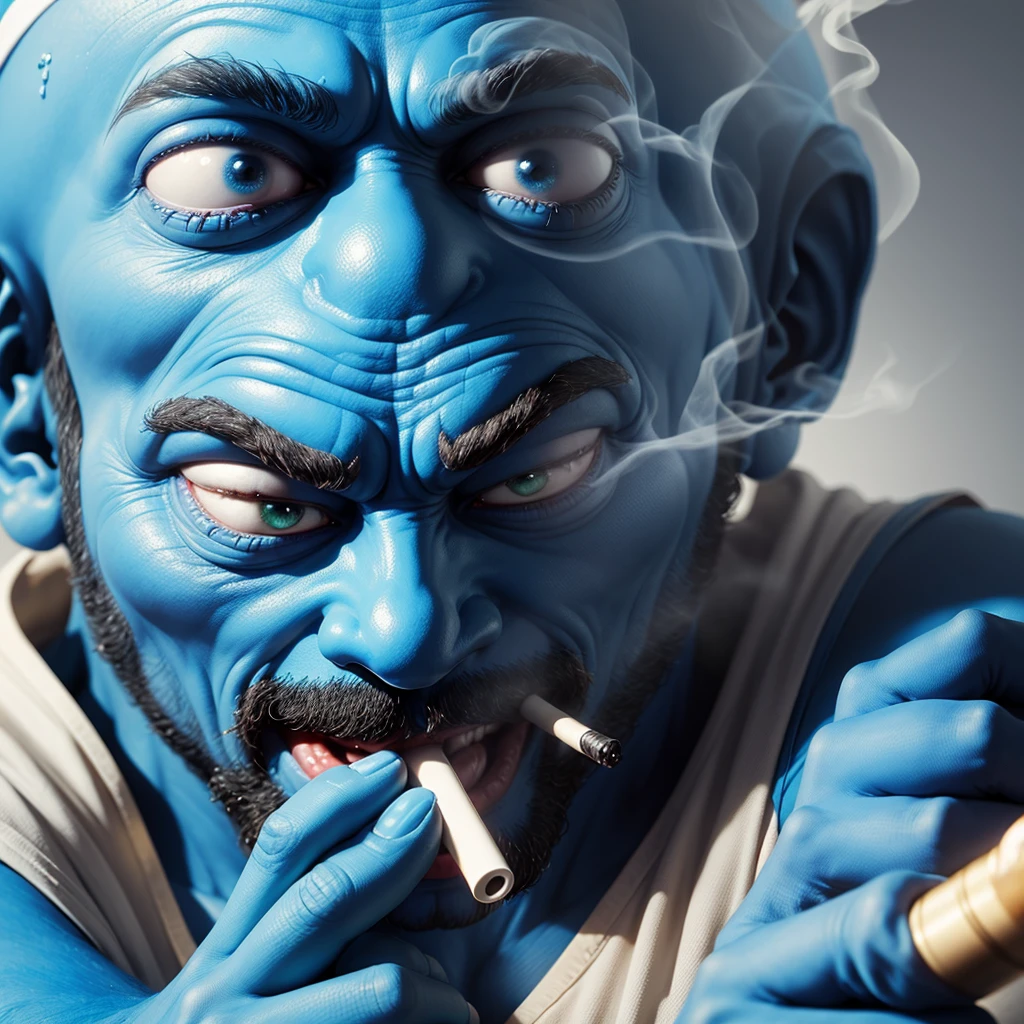 Zoom in on the face of the papa smurf character smoking medical cannabis stoned. The background is chroma key