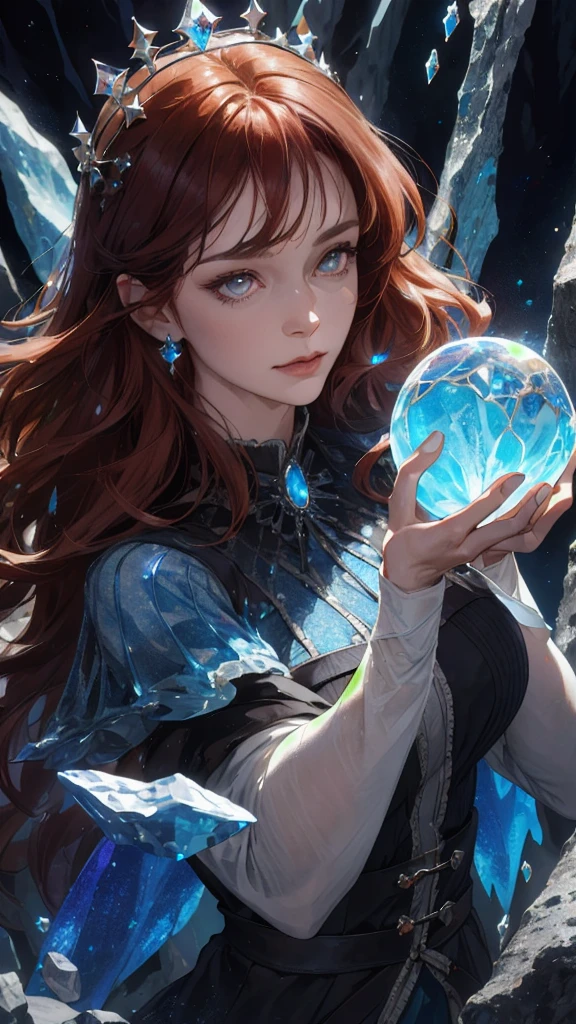 (absurdres, highres, ultra detailed), 1woman, mature female, aged up, wavy long hair, auburn hair, coral eyes, bangs, long sleeves, finely detailed eyes and detailed face, extremely detailed CG unity 8k wallpaper, intricate details, (style-swirlmagic:1.0), looking at viewer, solo, upper body, detailed background, close up, detailed face, (gothic dark ages theme:1.1), crystal sorcerer, dynamic pose, earth themed clothes, crystal crown, floating in the air, glowing magical shards, surrounded by blue magical crystals, rock formations, stalactites, magical floating particles, crystal glass, crystal sphere, crystal canyon background, (shallow water:0.7), epic ethereal atmosphere, updraft,, portrait