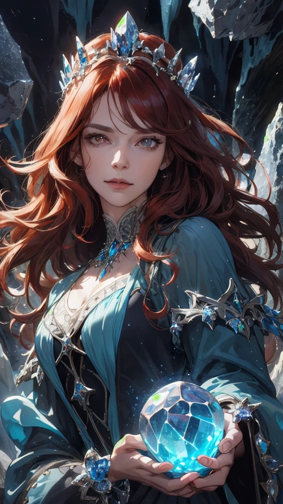 (absurdres, highres, ultra detailed), 1woman, mature female, aged up, wavy long hair, auburn hair, coral eyes, bangs, long sleeves, finely detailed eyes and detailed face, extremely detailed CG unity 8k wallpaper, intricate details, (style-swirlmagic:1.0), looking at viewer, solo, upper body, detailed background, close up, detailed face, (gothic dark ages theme:1.1), crystal sorcerer, dynamic pose, earth themed clothes, crystal crown, floating in the air, glowing magical shards, surrounded by blue magical crystals, rock formations, stalactites, magical floating particles, crystal glass, crystal sphere, crystal canyon background, (shallow water:0.7), epic ethereal atmosphere, updraft,, portrait