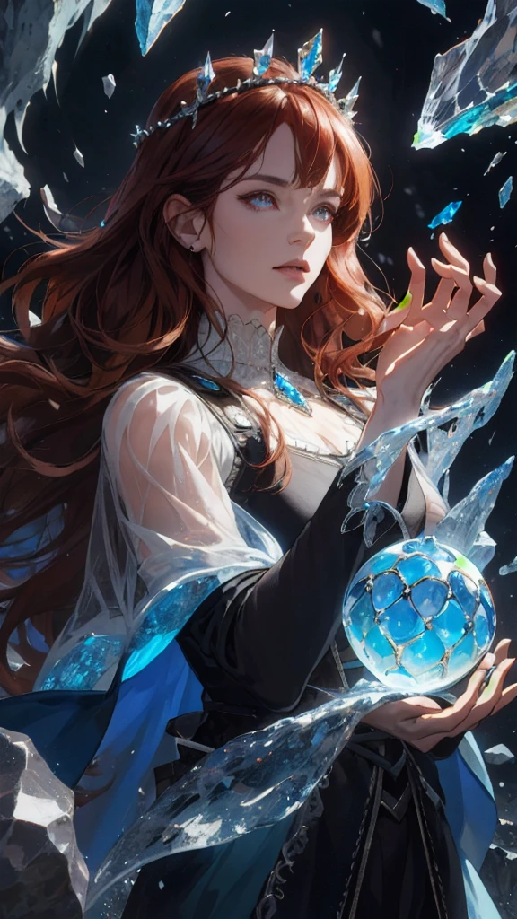 (absurdres, highres, ultra detailed), 1woman, mature female, aged up, wavy long hair, auburn hair, coral eyes, bangs, long sleeves, finely detailed eyes and detailed face, extremely detailed CG unity 8k wallpaper, intricate details, (style-swirlmagic:1.0), looking at viewer, solo, upper body, detailed background, close up, detailed face, (gothic dark ages theme:1.1), crystal sorcerer, dynamic pose, earth themed clothes, crystal crown, floating in the air, glowing magical shards, surrounded by blue magical crystals, rock formations, stalactites, magical floating particles, crystal glass, crystal sphere, crystal canyon background, (shallow water:0.7), epic ethereal atmosphere, updraft,, portrait