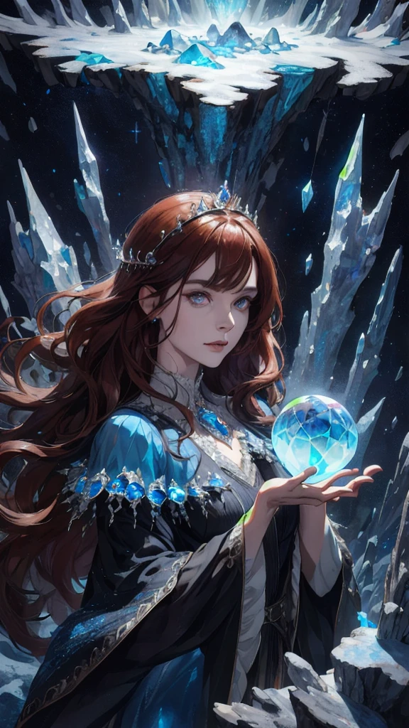 (absurdres, highres, ultra detailed), 1woman, mature female, aged up, wavy long hair, auburn hair, coral eyes, bangs, long sleeves, finely detailed eyes and detailed face, extremely detailed CG unity 8k wallpaper, intricate details, (style-swirlmagic:1.0), looking at viewer, solo, upper body, detailed background, close up, detailed face, (gothic dark ages theme:1.1), crystal sorcerer, dynamic pose, earth themed clothes, crystal crown, floating in the air, glowing magical shards, surrounded by blue magical crystals, rock formations, stalactites, magical floating particles, crystal glass, crystal sphere, crystal canyon background, (shallow water:0.7), epic ethereal atmosphere, updraft,, portrait