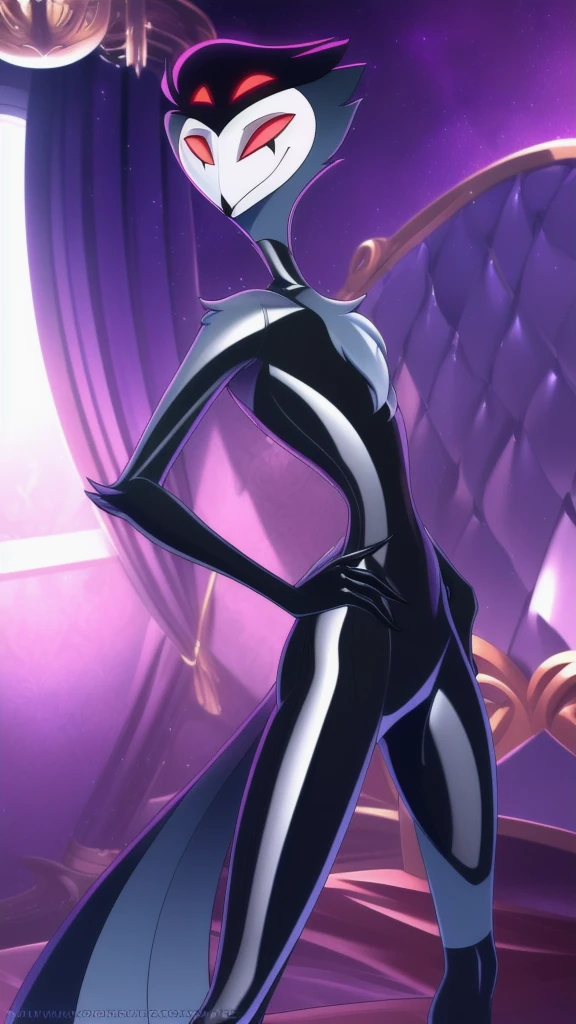 tanraak (style), ((masterpiece)), ((8k quality)), (no watermark), looking at the viewer, stolas, male, mouth closed, detailed bedroom, standing, one hand on his hip, other hand at his side, (solo:1.4), sleek, slimy latex suit, latex, goo,