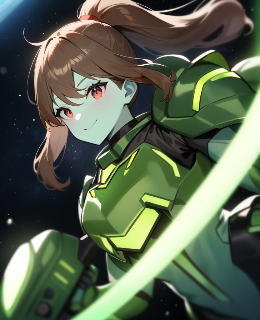 1girl,solo,red eyes,((brown hair:1.5)),green power armor,ponytail,((pale green skin)),green chest armor,cowboy shot,in space ship,zero gravity,Science fiction,ultra-detailed,sharp focus,aesthetic,(best quality) smiling, holding laser rifle, tall woman