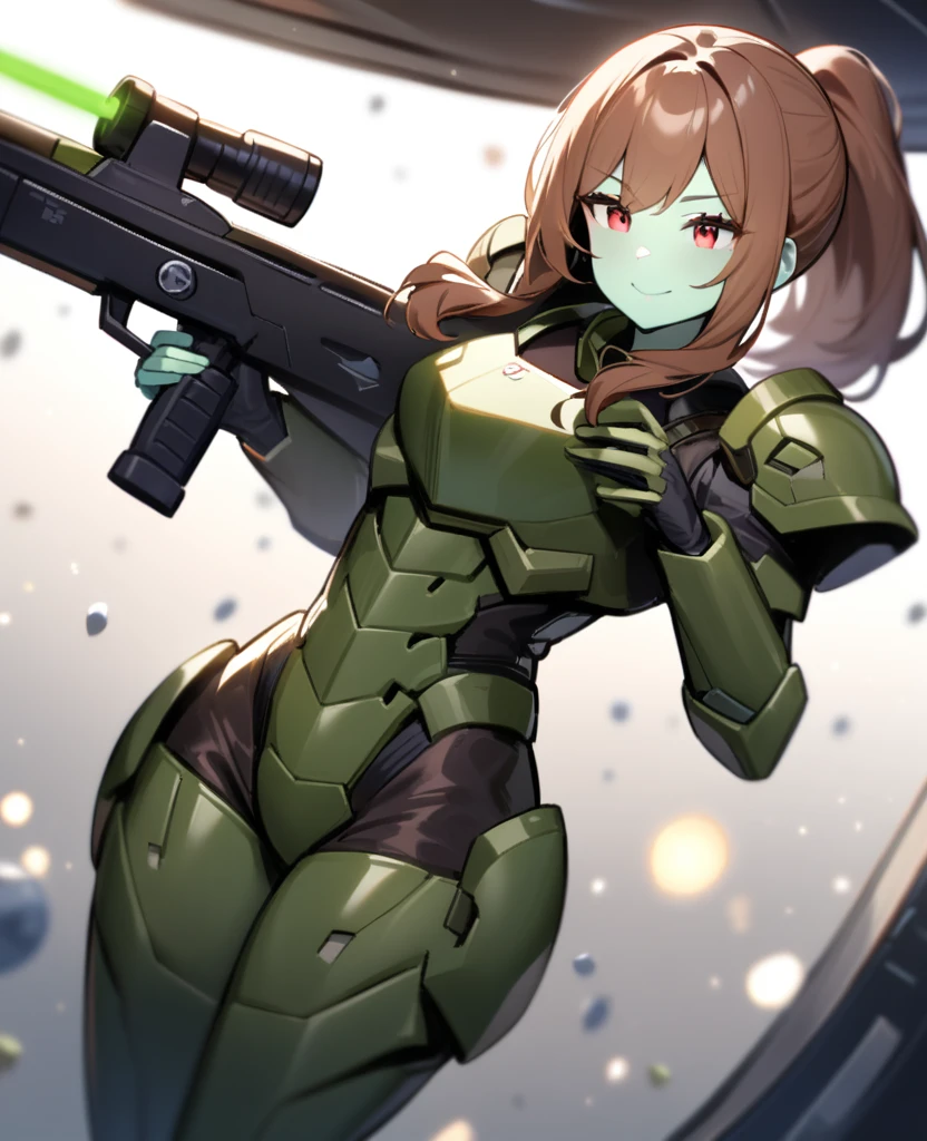 1girl,solo,red eyes,((brown hair:1.5)),green power armor,ponytail,((pale green skin)),green chest armor,cowboy shot,in space ship,zero gravity,Science fiction,ultra-detailed,sharp focus,aesthetic,(best quality) smiling, holding laser rifle, tall woman