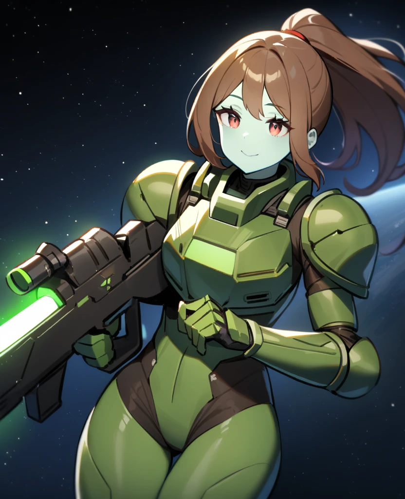 1girl,solo,red eyes,((brown hair:1.5)),green power armor,ponytail,((pale green skin)),green chest armor,cowboy shot,in space ship,zero gravity,Science fiction,ultra-detailed,sharp focus,aesthetic,(best quality) smiling, holding laser rifle, tall woman