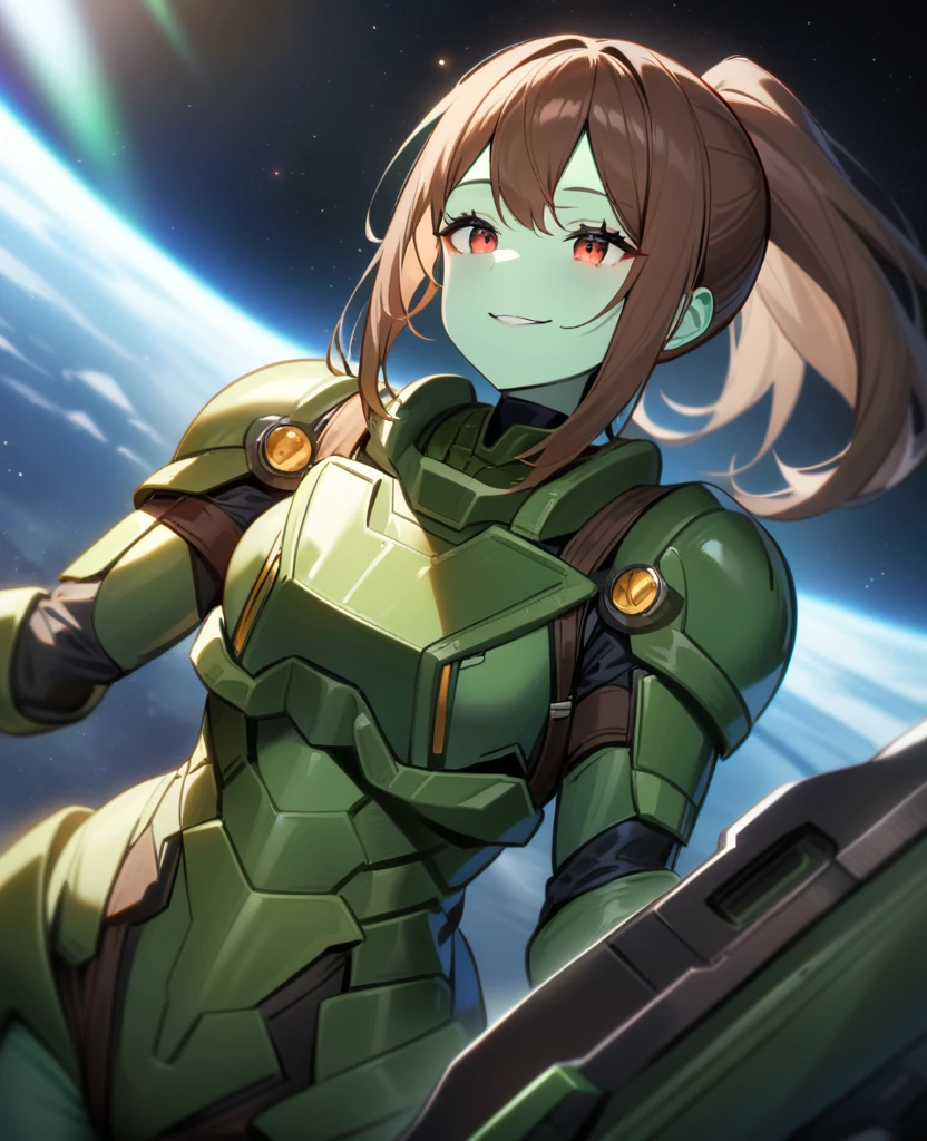 1girl,solo,red eyes,((brown hair:1.5)),green power armor,ponytail,((pale green skin)),green chest armor,cowboy shot,in space ship,zero gravity,Science fiction,ultra-detailed,sharp focus,aesthetic,(best quality) smiling, holding laser rifle, tall woman