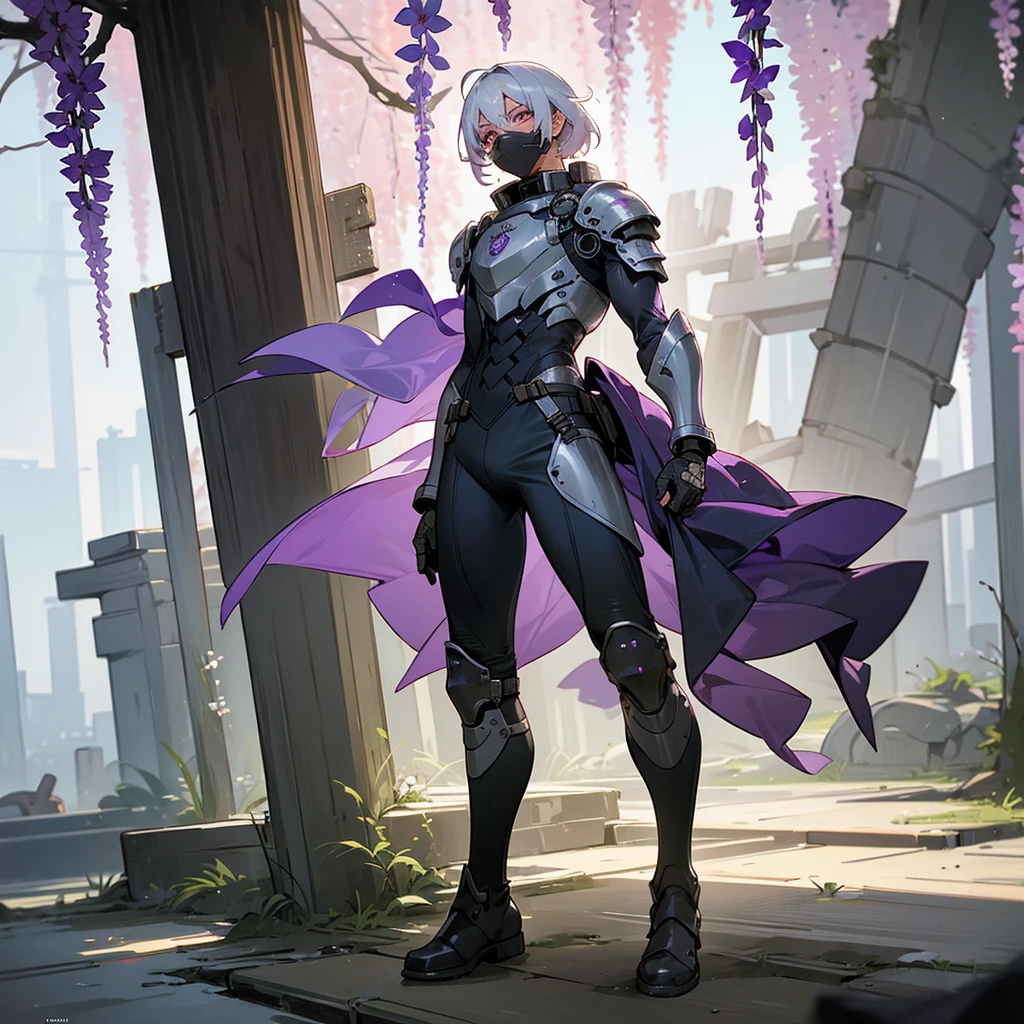 1male, adult, dark skin, finely detailed plum eyes, wild medium hair, seashell white hair color, full body combat suit, shoulder armor pieces, combat boots, baggy miltarty combat pants, standing on ruined building, day time, tokyo streets, somber expression, muscular, tattoos, wisteria flowers, scars, gasmask