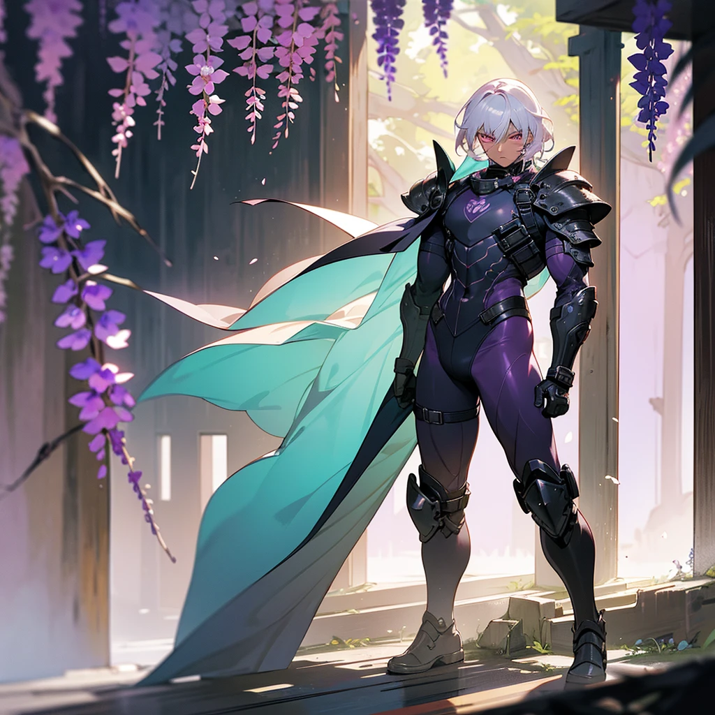 1male, young adult, dark skin, finely detailed plum eyes, wild medium hair, seashell white hair color, full body combat suit, shoulder armor pieces, combat boots, baggy miltarty combat pants, standing on ruined building, day time, tokyo streets, somber expression, muscular, tattoos, wisteria flowers, scars, gasmask