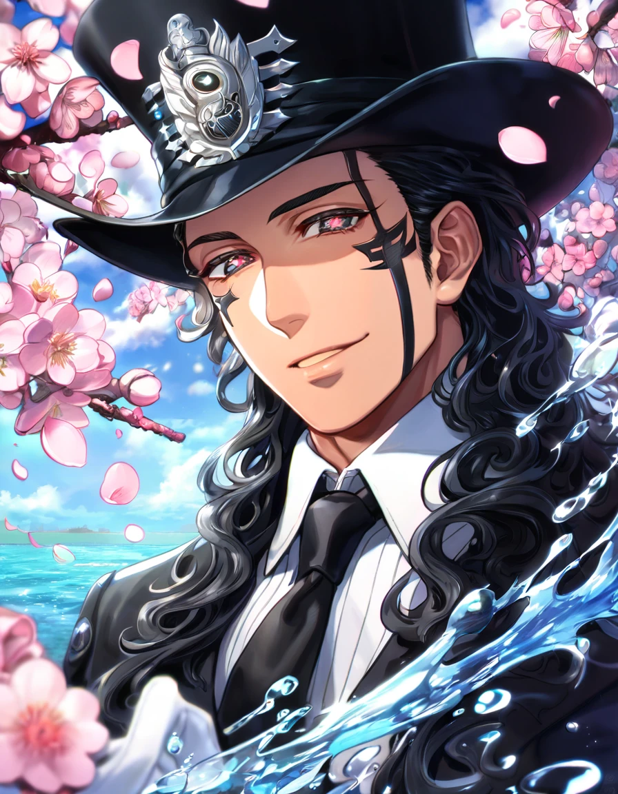 Ultra detailed, highres, absurdres, HDR, master piece, Tiky Mikk, dark wavy hair, slicked back hair, expressive amber eyes, tanned skin, black clothes, black necktie, white gloves, D.Gray-Man, fantasy, pink petals, water, pink flowers, handsome, sexy man, solo, magical, best quality, extremely detailed face, blossoms, handsome smile, blue shining fireflies, gentleman black hat, 