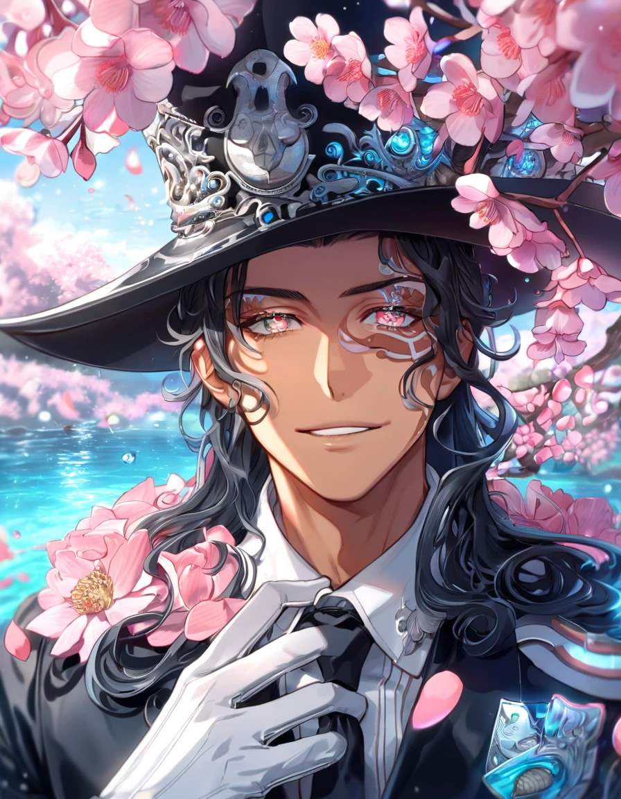 Ultra detailed, highres, absurdres, HDR, master piece, Tiky Mikk, dark wavy hair, slicked back hair, expressive amber eyes, tanned skin, black clothes, black necktie, white gloves, D.Gray-Man, fantasy, pink petals, water, pink flowers, handsome, sexy man, solo, magical, best quality, extremely detailed face, blossoms, handsome smile, blue shining fireflies, gentleman black hat, 