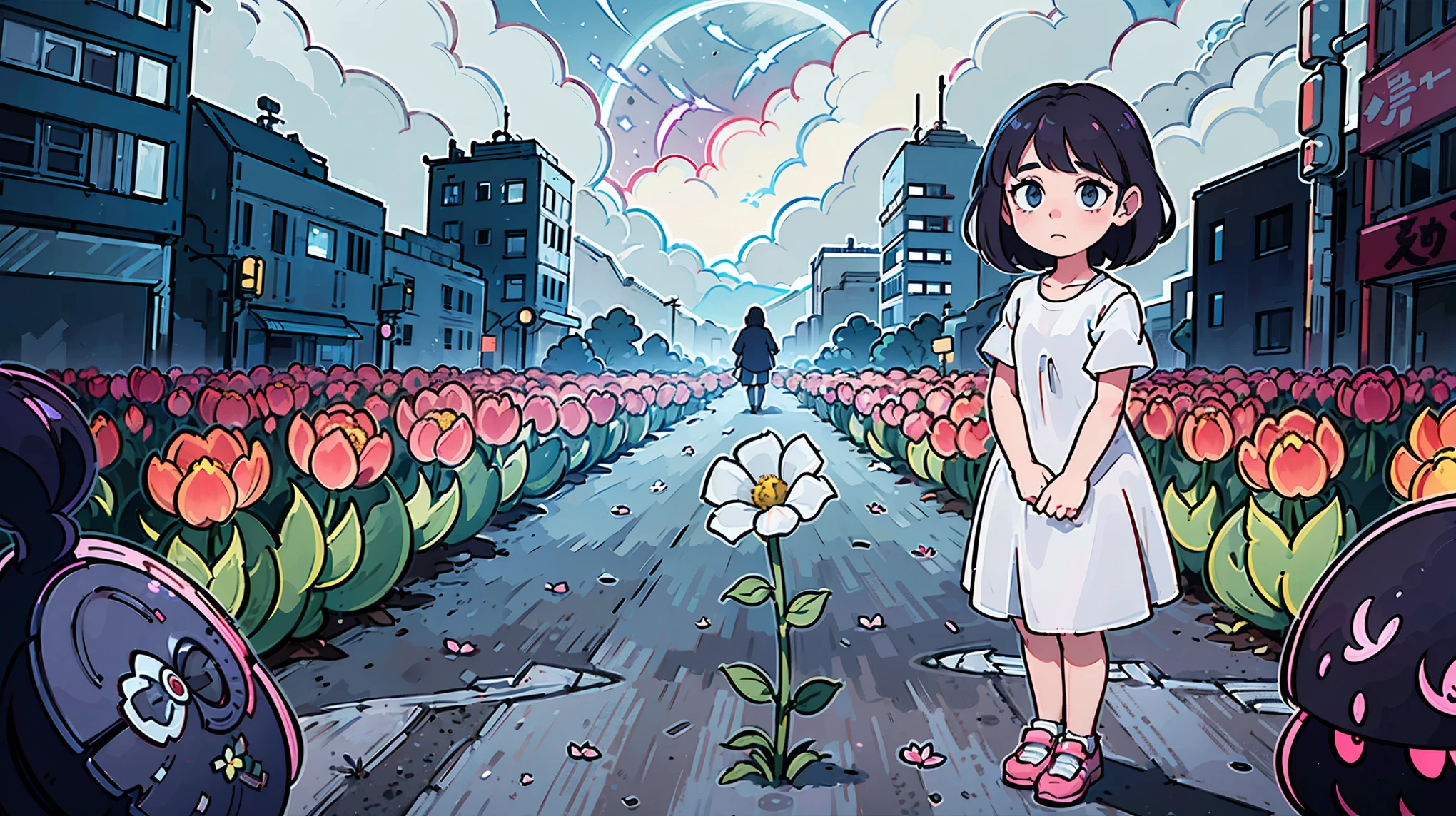 A vibrant flower blooms on the dirty ground of a large gray avenue. A crowd of gray, soulless people crosses the streets. A colorful , glowing with bright hues, stands protectively over the flower, protecting it with her little hands and determined eyes. Sunlight breaks through the dark clouds. Studio Ghibli style