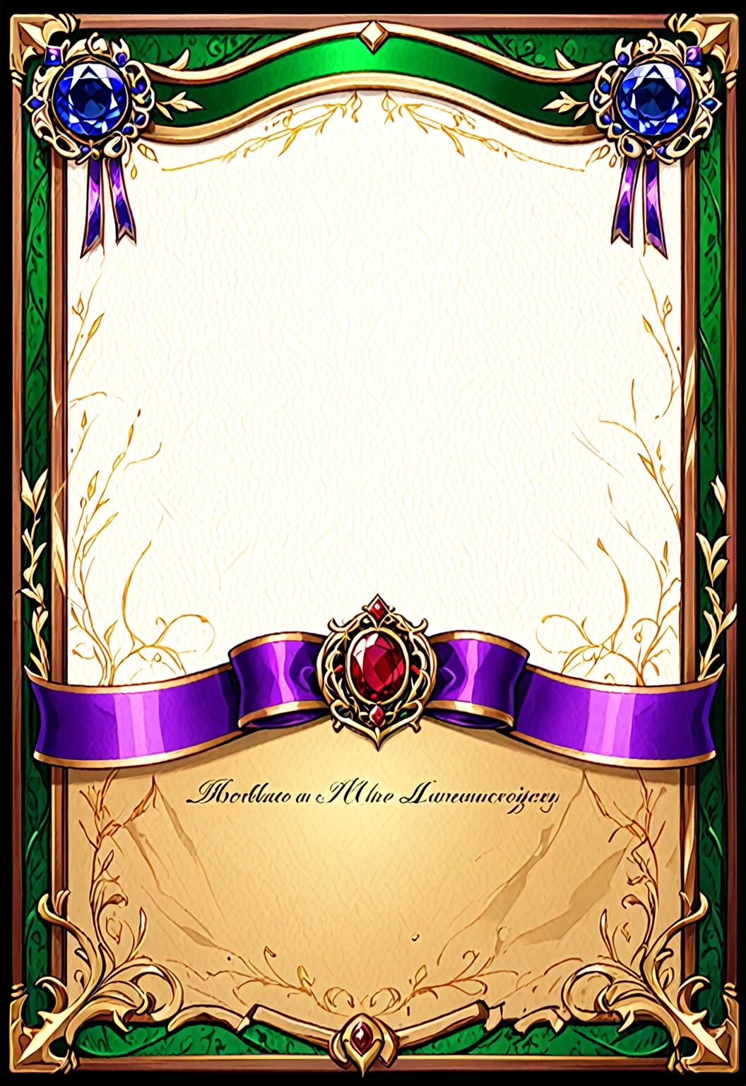 A card border UI,Medieval European aristocracy design,Noble and elegant dark style,There is a lavender ribbon in the middle with the card name.,There is a ruby under the bezel,There are sapphires on the left and right corners.。Redwood frame,Parchment backing,There are blood stains on it。Deep Red、Emerald Green、Gold main tone。