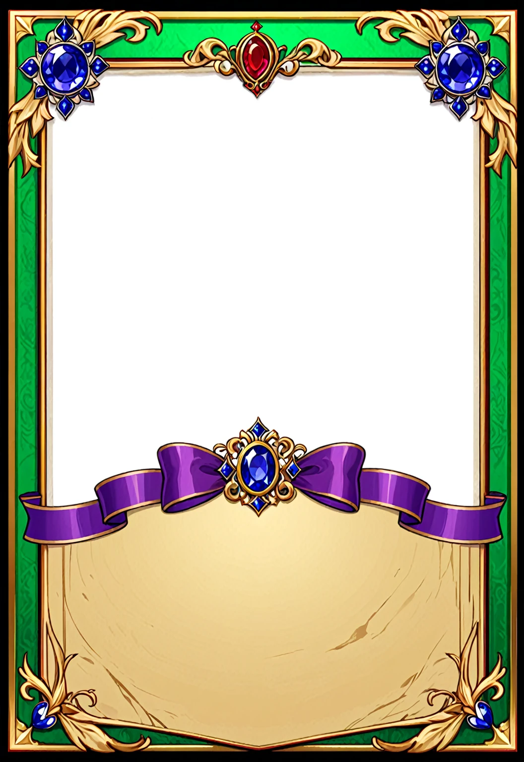 A card border UI,Medieval European aristocracy design,Noble and elegant dark style,There is a lavender ribbon in the middle with the card name.,There is a ruby under the bezel,There are sapphires on the left and right corners.。Redwood frame,Parchment backing,There are blood stains on it。Deep Red、Emerald Green、Gold main tone。