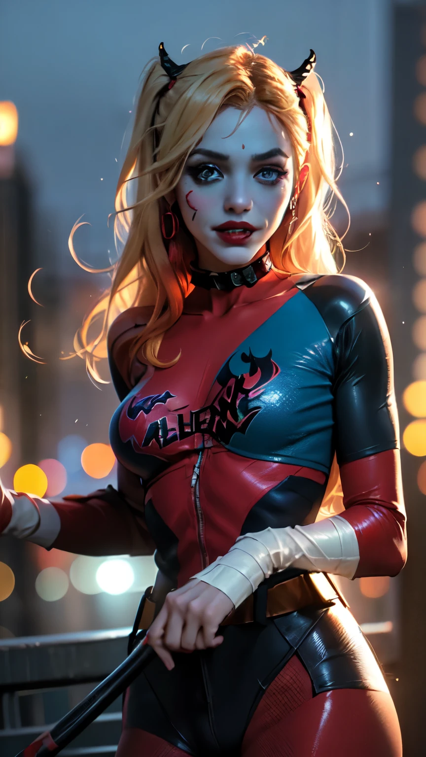 Fictional female villain from Marvel, (detailed beautiful female face, beautiful eyes, eyeshadow), ((Harley Quinn, Mystique, witch, demon, vampire, devil mix face and clothes)), New York, Manhattan cityscape, dynamic movement, best quality, masterpiece: 1.3, 8k, realistic, photorealistic: 1.5, ultra detailed, best quality, ultra high resolution, pose, blonde, messy hair, long hair blowing in the wind, professional lighting, (bokeh: 1.2), 1 female, solo,