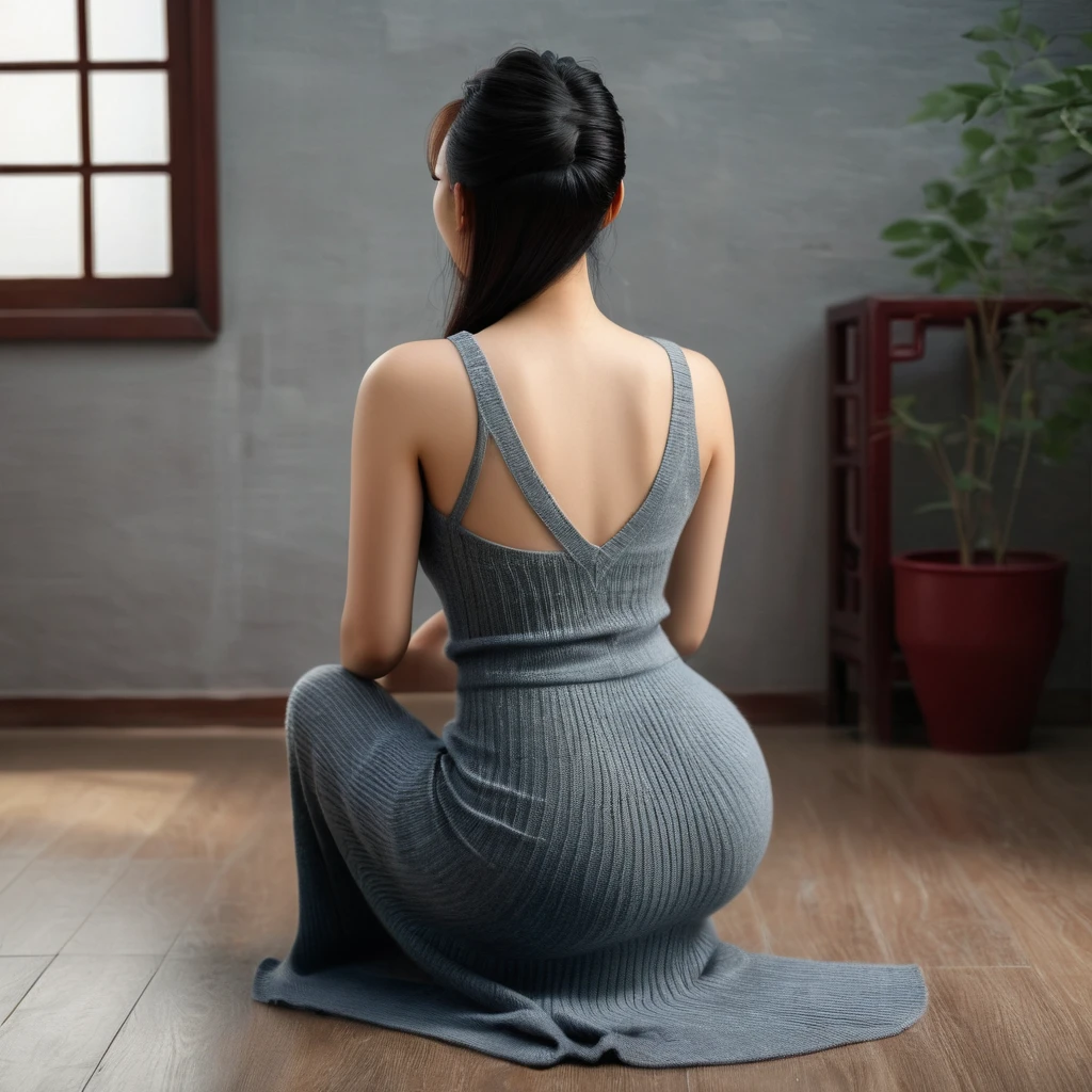 Realistic, high quality, Chinese woman wearing a maxi bodycon dress, knit dress, seated on knees on floor, rear view