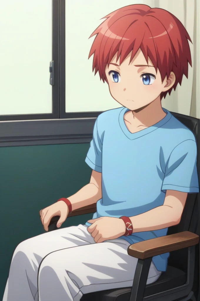 score_9, score_8_up, score_7_up, source_anime, rating_safe, , anime screencap, anime coloring, official style, looking away , 1baby boy, solo, children, cuteyears old,male focus, tomohito_sugino, bright red hair, blue eyes, short hair, White t-shirt, white trousers, sitting in a wheelchair, sad expression