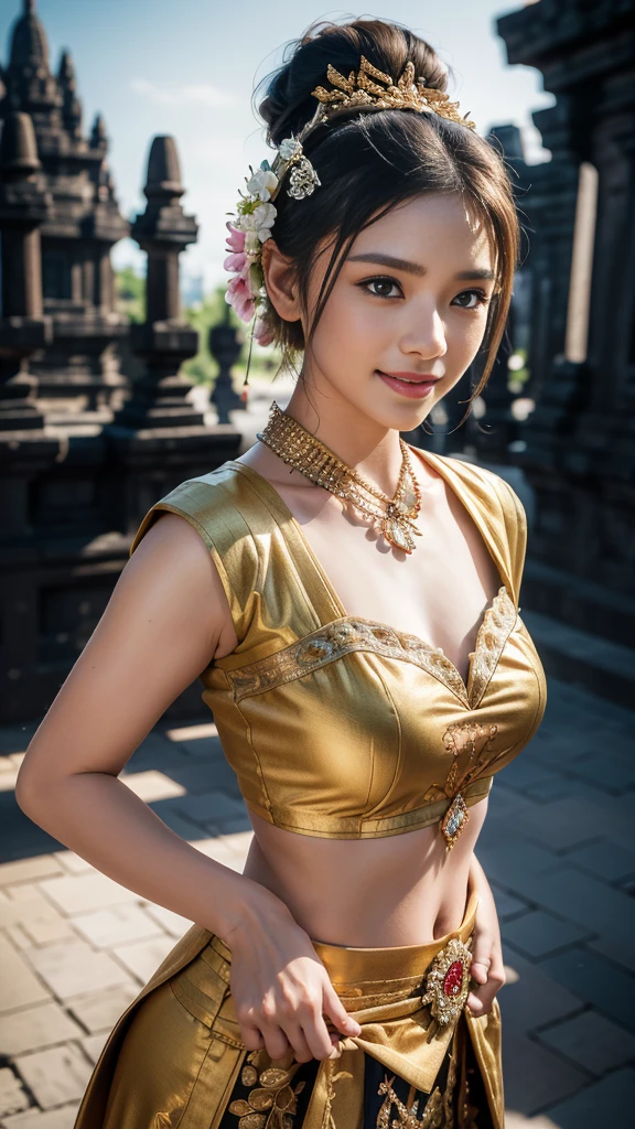 1female, a woman in the era of the Majapahit kingdom, is having a traditional Javanese wedding with gold and black ornaments, wearing a typical Javanese bun, with a charming and charming gaze, smiling, oriental female, with the Prambanan temple in the background, ancient Javanese era, cinematic photography, detailed, hyperrealism, great detail, 8k cinematic, high resolution, symmetrically, cinematic, color grading, photography, shot on 50mm lens, ultra-wide angle, depth of field, hyperdetailed, beautifully color-coded, insane detail, intricate detail, beautiful color grading, incredibly detailed and intricate, hyper maximal, elegant, hyperrealistic, super detailed, posing dynamic, photography, ultra-realistic, Full - HD, high detailed definition, Hyper detailed, 8k