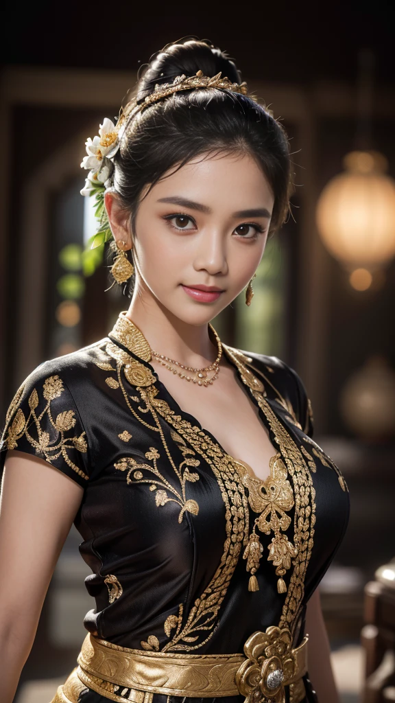 1female, a woman in the era of the Majapahit kingdom, is having a traditional Javanese wedding with gold and black ornaments, wearing a typical Javanese bun, with a charming and charming gaze, smiling, oriental female, with the Prambanan temple in the background, ancient Javanese era, cinematic photography, detailed, hyperrealism, great detail, 8k cinematic, high resolution, symmetrically, cinematic, color grading, photography, shot on 50mm lens, ultra-wide angle, depth of field, hyperdetailed, beautifully color-coded, insane detail, intricate detail, beautiful color grading, incredibly detailed and intricate, hyper maximal, elegant, hyperrealistic, super detailed, posing dynamic, photography, ultra-realistic, Full - HD, high detailed definition, Hyper detailed, 8k