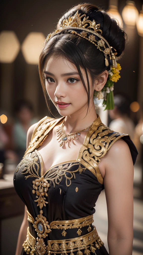 1female, a woman in the era of the Majapahit kingdom, is having a traditional Javanese wedding with gold and black ornaments, wearing a typical Javanese bun, with a charming and charming gaze, smiling, oriental female, with the Prambanan temple in the background, ancient Javanese era, cinematic photography, detailed, hyperrealism, great detail, 8k cinematic, high resolution, symmetrically, cinematic, color grading, photography, shot on 50mm lens, ultra-wide angle, depth of field, hyperdetailed, beautifully color-coded, insane detail, intricate detail, beautiful color grading, incredibly detailed and intricate, hyper maximal, elegant, hyperrealistic, super detailed, posing dynamic, photography, ultra-realistic, Full - HD, high detailed definition, Hyper detailed, 8k