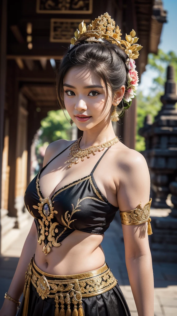 1female, a woman in the era of the Majapahit kingdom, is having a traditional Javanese wedding with gold and black ornaments, wearing a typical Javanese bun, with a charming and charming gaze, smiling, oriental female, with the Prambanan temple in the background, ancient Javanese era, cinematic photography, detailed, hyperrealism, great detail, 8k cinematic, high resolution, symmetrically, cinematic, color grading, photography, shot on 50mm lens, ultra-wide angle, depth of field, hyperdetailed, beautifully color-coded, insane detail, intricate detail, beautiful color grading, incredibly detailed and intricate, hyper maximal, elegant, hyperrealistic, super detailed, posing dynamic, photography, ultra-realistic, Full - HD, high detailed definition, Hyper detailed, 8k