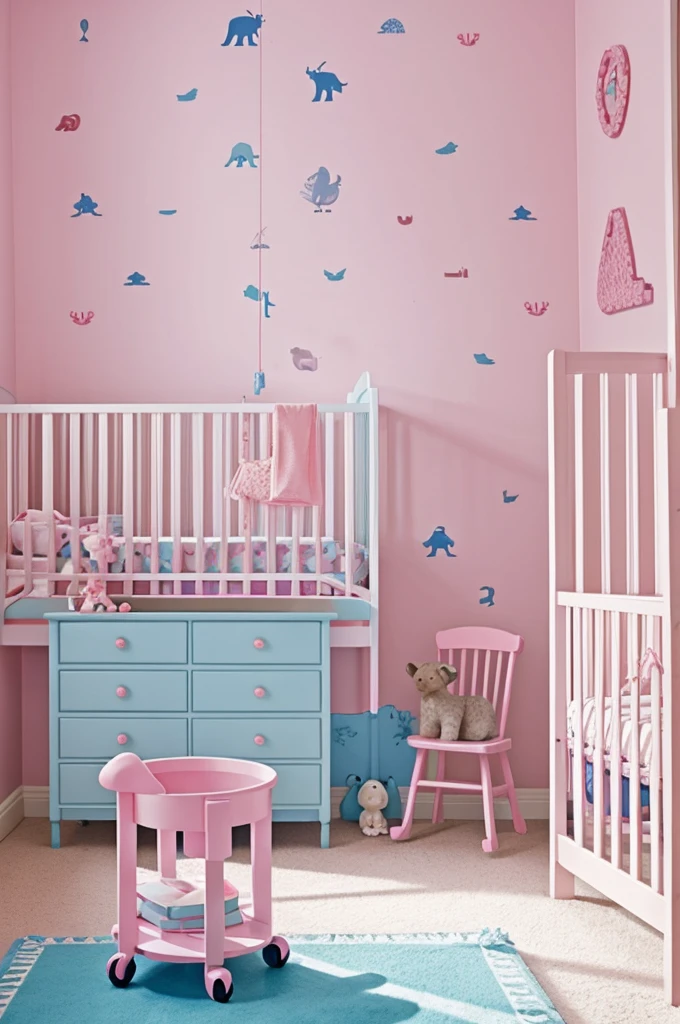 Blue background with pink with animals and that says nursery