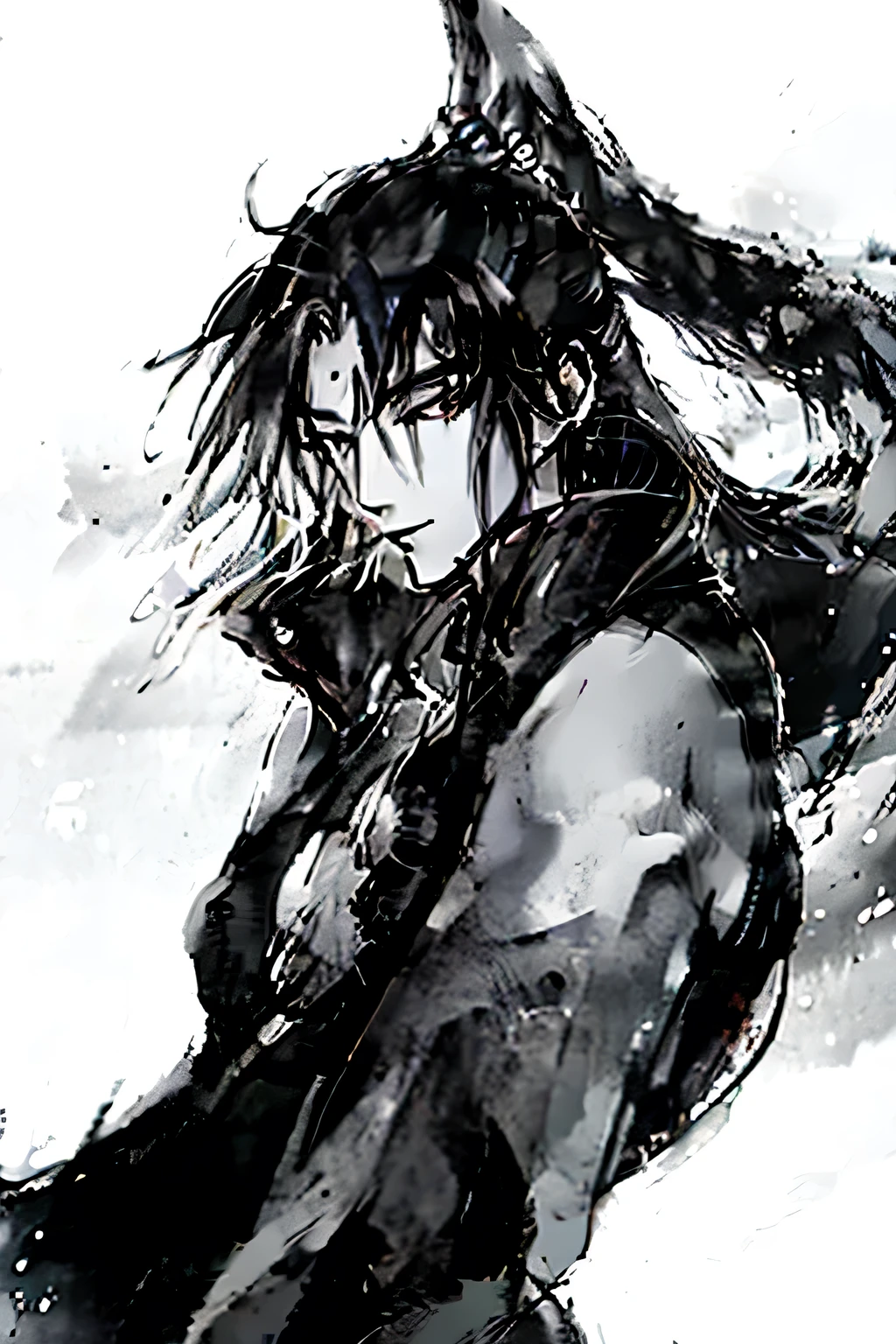masterpiece, best quality,1 boy,Dragon Horn,Unruly,permanent, Black bun,Cold Face, Upper Body, (front),monochrome, Grayscale,