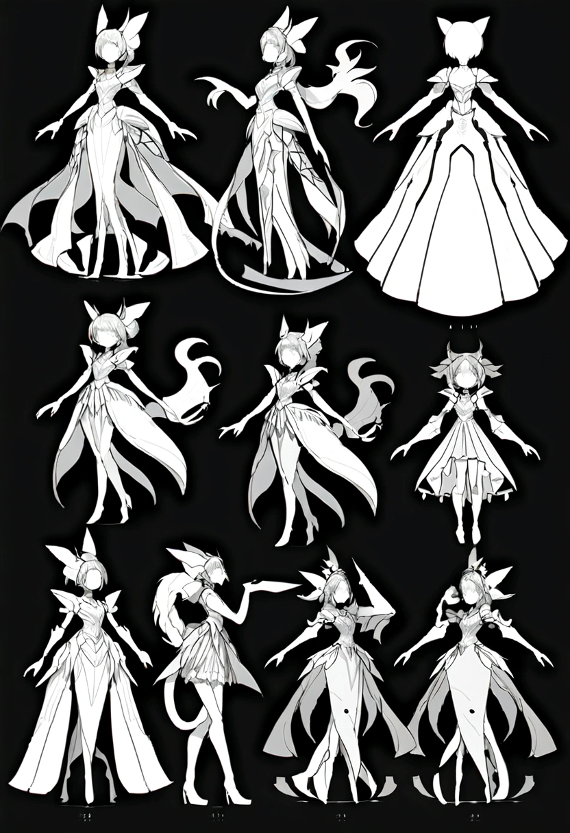 (Same character, front, side, back), (full body), generative front view, generative side view, generative back view, 3 view, female, extremely detailed, character reference sheet, black background, Alien feathers, long antennas