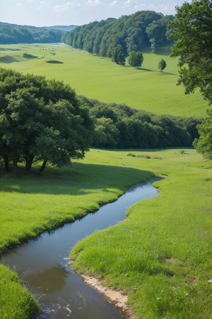 Grass and trees are blowing in the strong wind on the vast grassland。A meadow with a stream、Nobody is here、There is no one、Landscape painting、No person required、No building required、Only trees and grass are needed