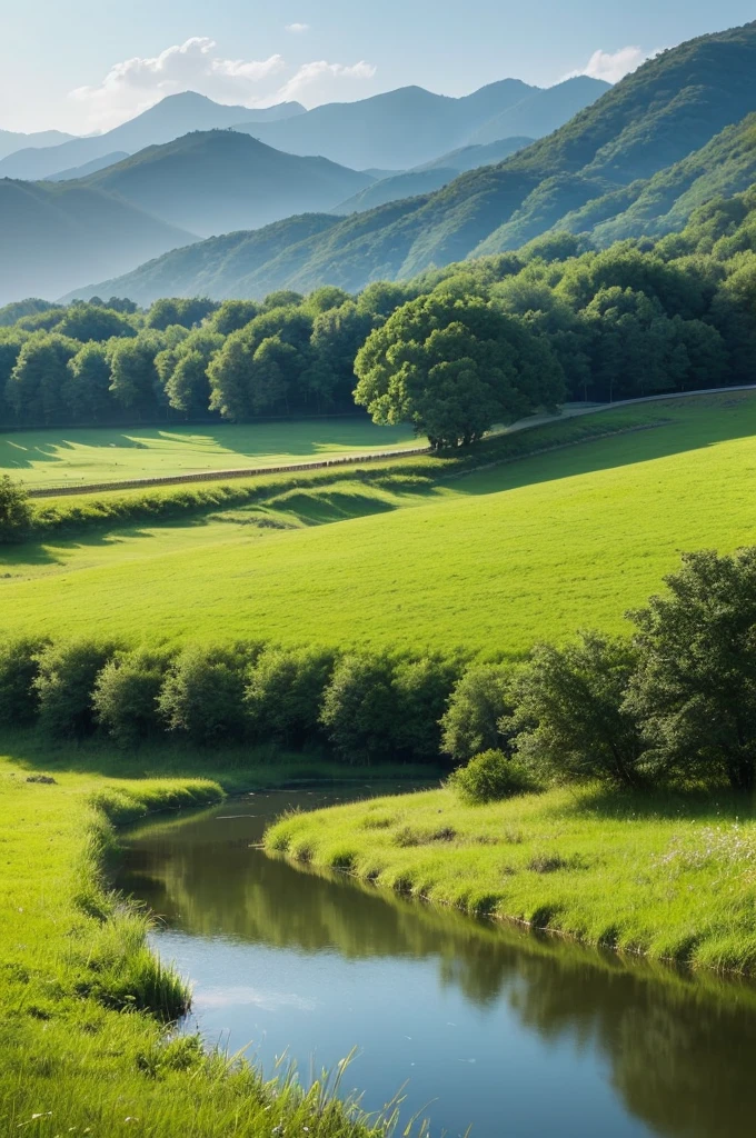 Grass and trees are blowing in the strong wind on the vast grassland。A meadow with a stream、Nobody is here、There is no one、Landscape painting、No person required、No building required、Only trees and grass are needed