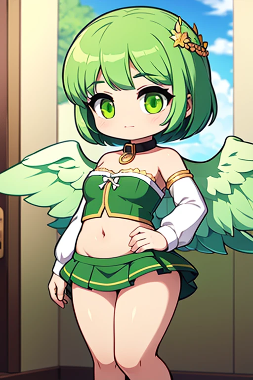 20 year old girl, Angel Girl, Light green wings, chica sexy, green hair, short hair, wide hair, green eyes, short skirt, green skirt, Small strapless blouse, Short blouse up to the abdomen, Blouse sin Olanes, Green long sleeves, Blouse that shows the shoulders, Sin Collar, Shows the navel, green boots, Very big bust, big hips