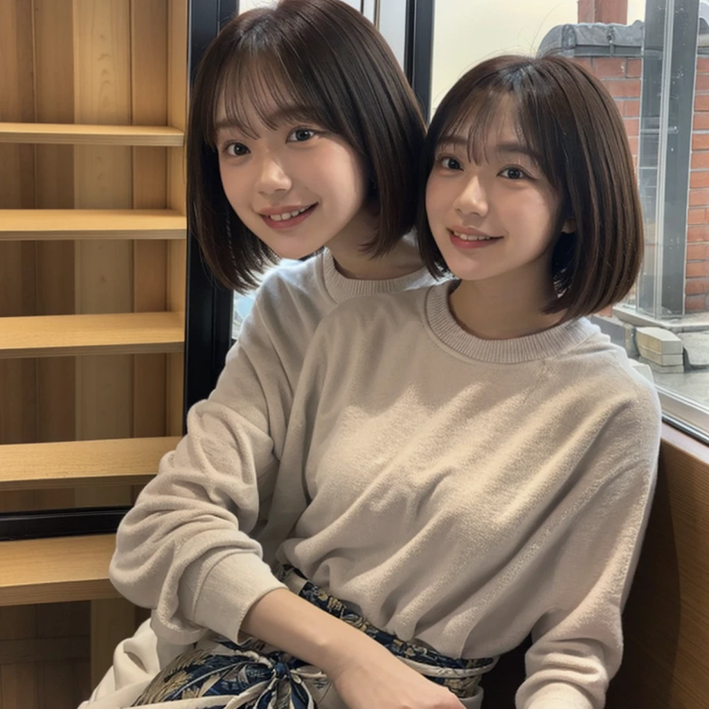 A 20-year-old Japanese woman sits alone by the window in a cafe.、I am reading a book happily。There was no one around、Only she is depicted。With a bright smile、The cafe interior can be seen in the background。
