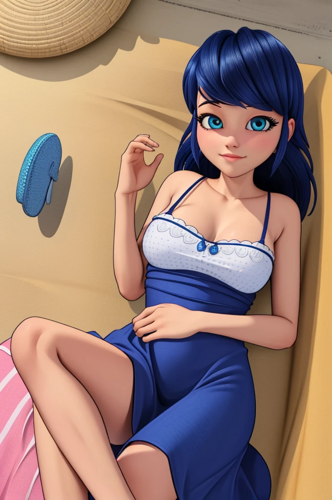 (8k, RAW photo, best quality, masterpiece:1.2), (intricate details), perfect eyes, perfect face, perfect lighting, beautiful, (masterpiece:1.2), (best quality:1.2), 1girl, solo, Marinette, blue hair, ((long loosen hair)), adult torso, ************, slight smile, huge sized breasts, ( pink dress), cowboy shot, 3DMM, laying down 