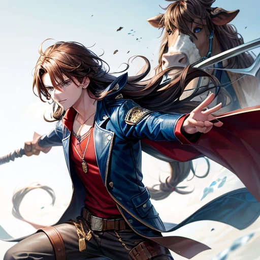 A boy with long brown hair and blue eyes Cow horn Cow earless Have a battle axe Wearing a jacket