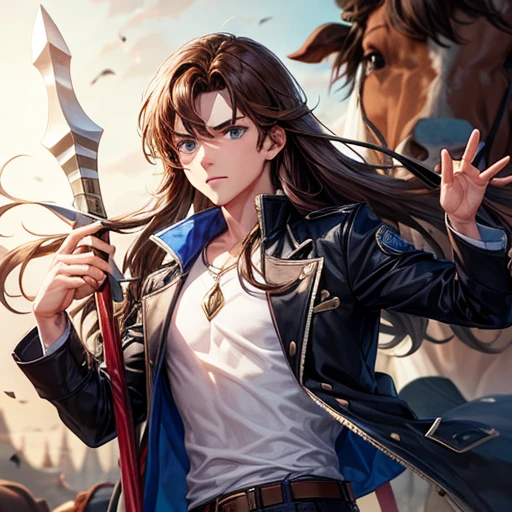 A boy with long brown hair and blue eyes　　Cow horn　Cow earless　Have a battle axe　Wearing a jacket　