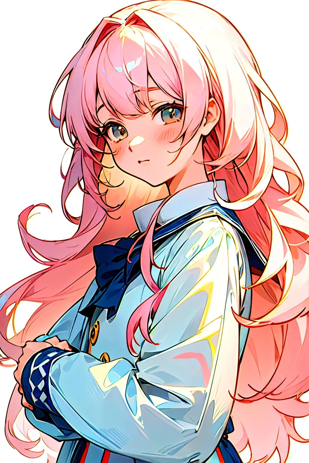 Anime Moe Art Style, Anime Style 4K,(Transparent), (((masterpiece))), (((The best quality at its best))), ((Super detailed)), (Highly detailed CG illustrations), ((Extremely delicate and beautiful)),(Cute and delicate face),One cute girl, Light pink hair, Fluffy long hair, Bangs, Plain white background, Navy blue jacket, White shirt, Red skirt uniform,Images for icons,