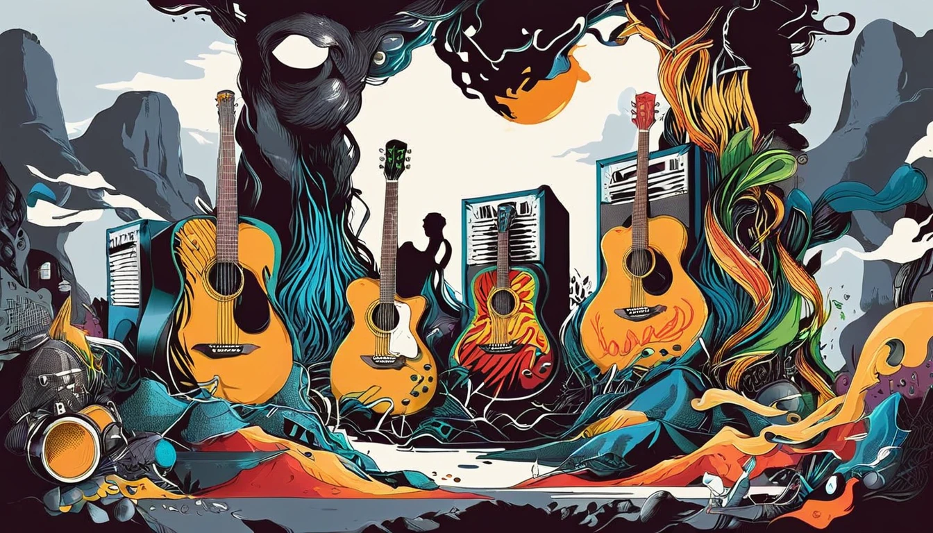 Masterpiece; Guitars and drums in a small science lab(((frascos de experiencias))), complete with speakers and glass flasks of chemistry, embody the resilience and tenacity of the scientific community, infused with a bold graphic allure that enlivens the spirit of science. The design penetrates layers of depth, integrating the raw essence and vibrant cores of Rio de Janeiro culture. Brushstrokes that incorporate the fluid energy of graffiti on guitars and acoustic guitars weave around dynamic geometric shapes, adorning the laboratories with an evocative masterpiece that speaks to the heart of the intersection between two diverse worlds. Majestically rendered in high definition and vibrant color, every detail bursts with life, inviting viewers to marvel at the beauty that; by Monet