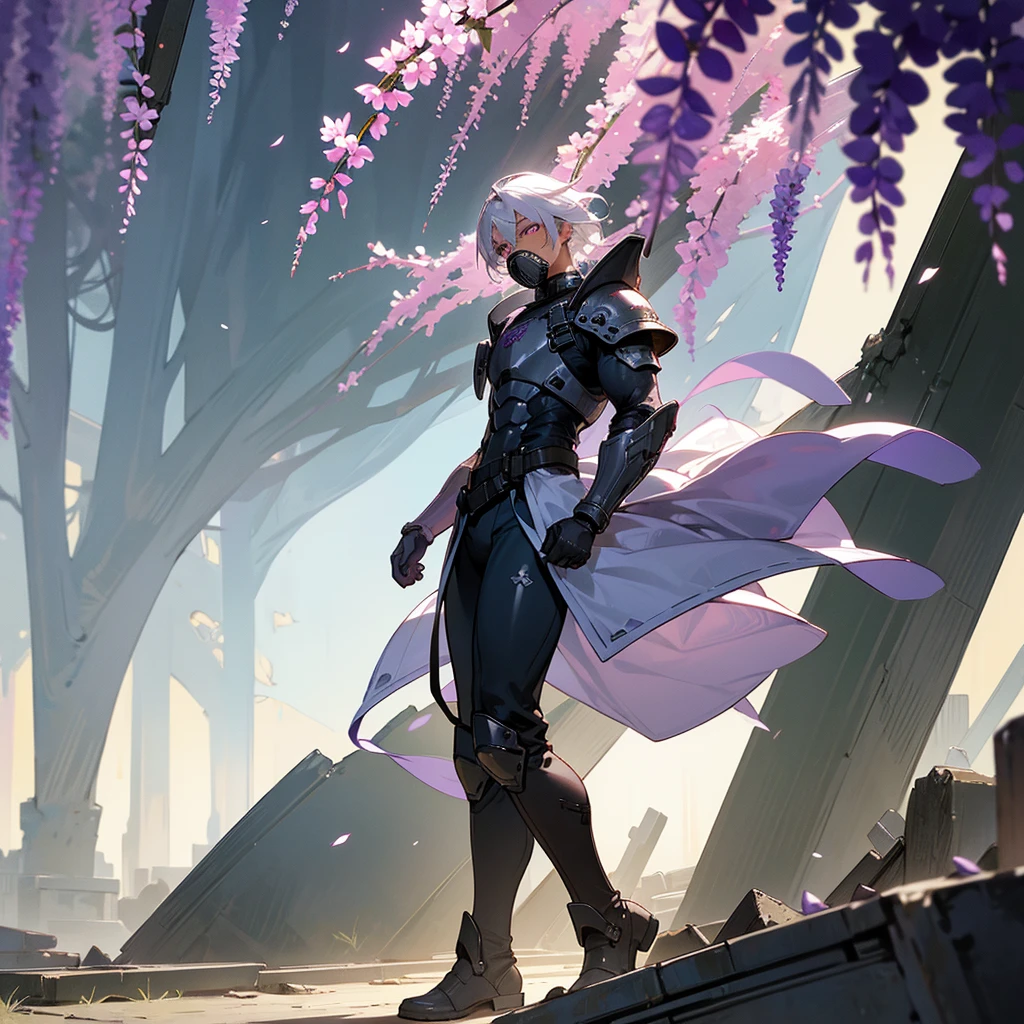 1male, young adult, dark skin, finely detailed plum eyes, wild medium hair, seashell white hair color, full body combat suit, shoulder armor pieces, combat boots, baggy miltarty combat pants, standing on ruined building, day time, tokyo streets, somber expression, muscular, tattoos, wisteria flowers, scars, gasmask