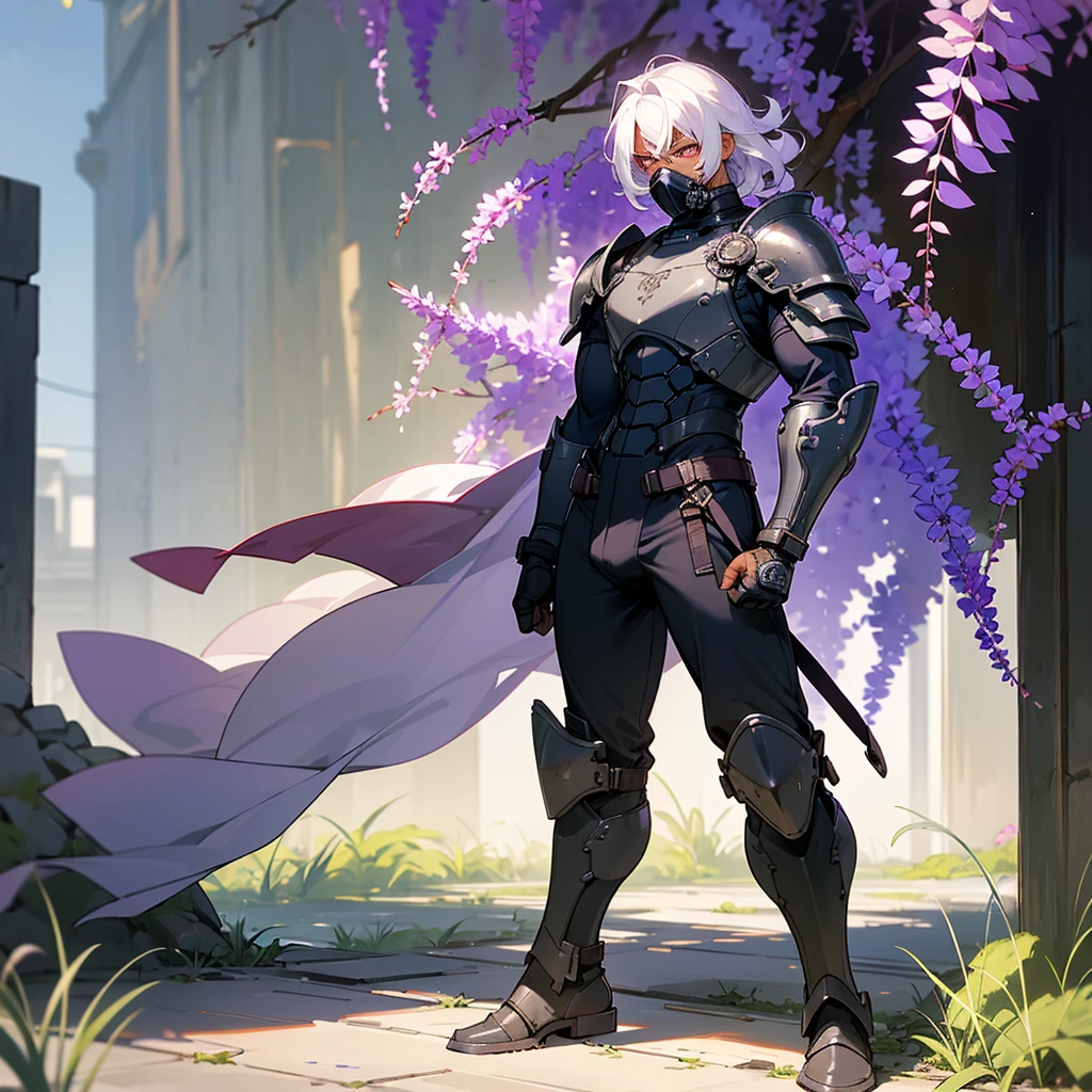 1male, adult, dark skin, finely detailed plum eyes, wild medium hair, seashell white hair color, full body combat suit, shoulder armor pieces, combat boots, baggy miltarty combat pants, standing on ruined building, day time, tokyo streets, somber expression, muscular, tattoos, wisteria flowers, scars, gasmask