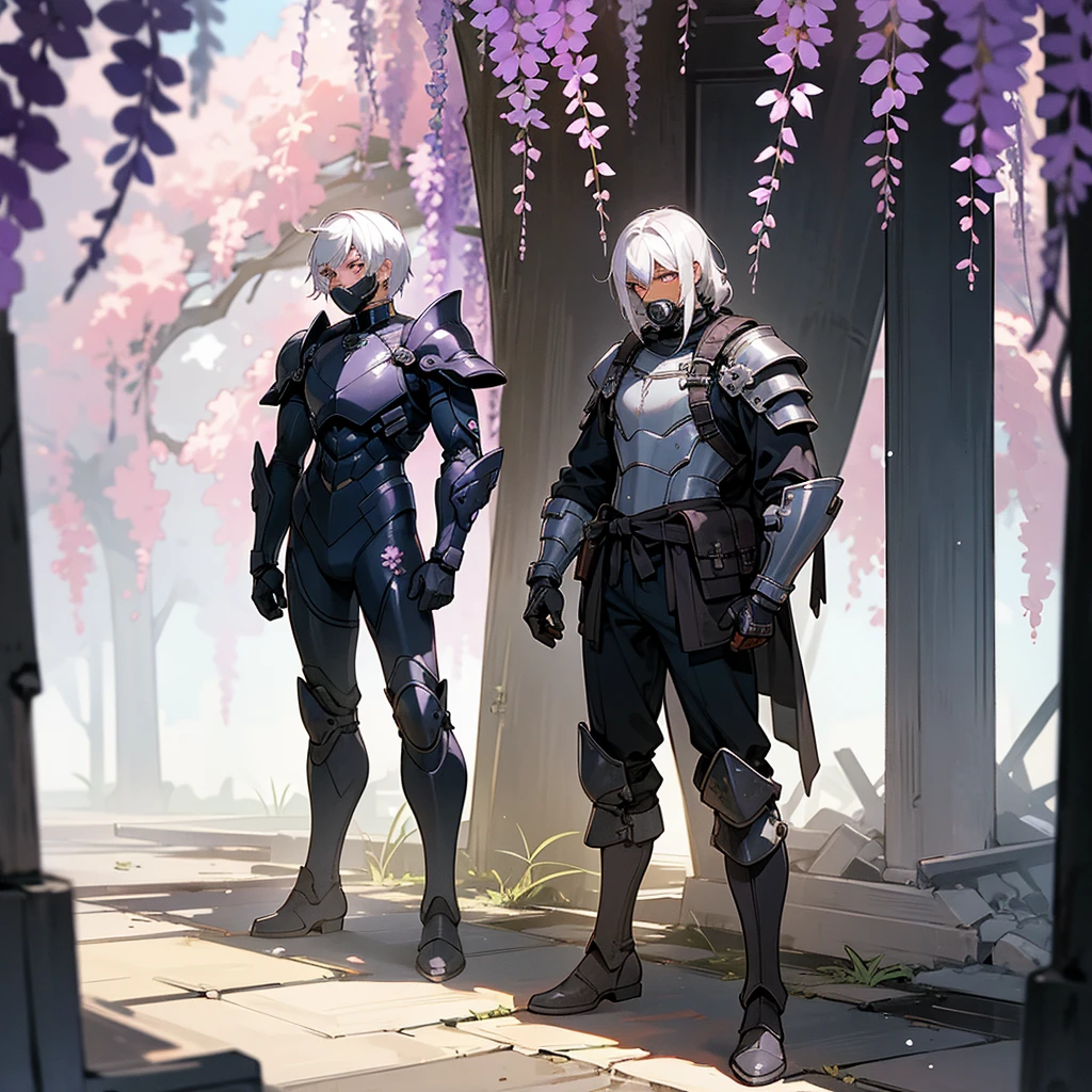 1male, young adult, dark skin, finely detailed plum eyes, wild medium hair, seashell white hair color, full body combat suit, shoulder armor pieces, combat boots, baggy miltarty combat pants, standing on ruined building, day time, tokyo streets, somber expression, muscular, tattoos, wisteria flowers, scars, gasmask