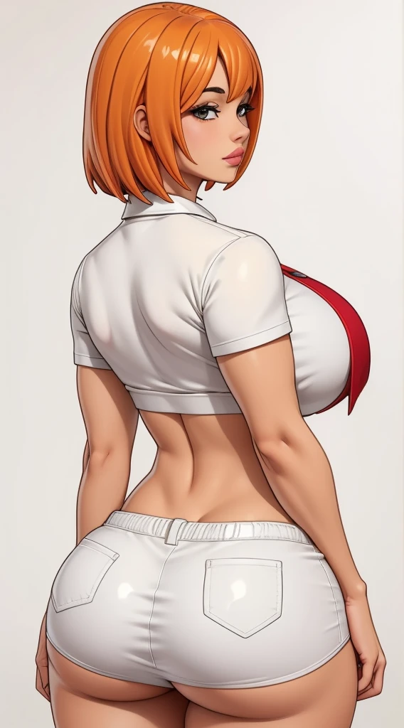   1 girl, short orange hair, white miniskirt, like pvc figure, from behind, looking at viewer, perfect hands, big chest, wide hips, thick thighs, upper body, cowboy shot, clean scene, white background, tall detailed, masterpiece,