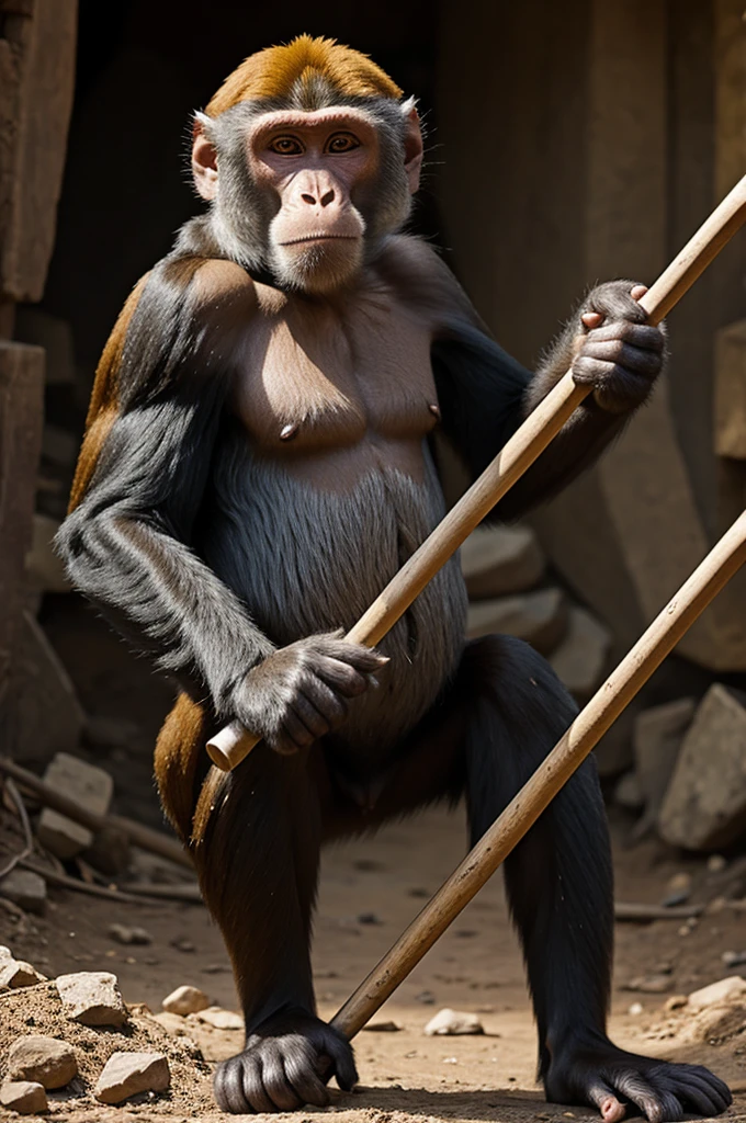 a monkey with a pickaxe as if he were a miner 

